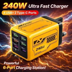 Upgraded 240W 6-Ports 4USB2Type C Output Multi-Port Adapter Super Fast Charging Mobile Phone Charger USB3.0 PD3.0 UK Plug  Charging Cable (Extra)